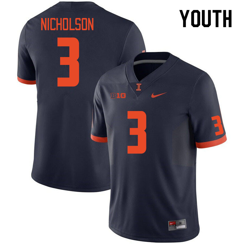 Youth #3 Tahveon Nicholson Illinois Fighting Illini College Football Jerseys Stitched Sale-Navy